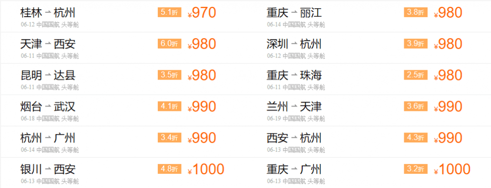 【中国国际航空】头等舱1.3折起！500快就可以坐头等舱啦！！！