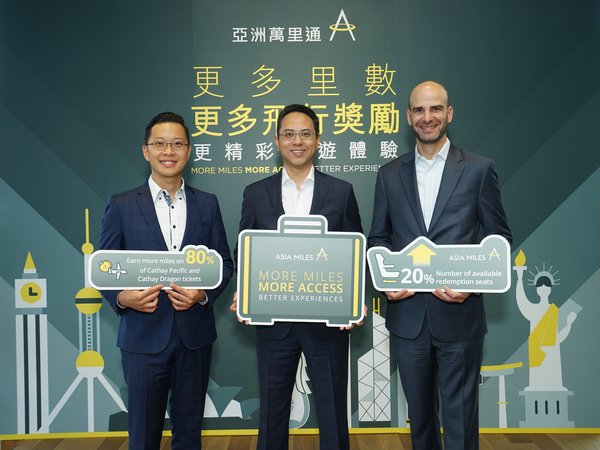 “亚洲万里通”公布飞行范畴计划更新，由二零一八年六月二十二日起，奖励机位将会增加20％或以上。“亚洲万里通”行政总裁黄思远先生（中） ，营运总裁雷绍麟先生（左）和策略及联盟业务发展总监艾思杰先生（右）。